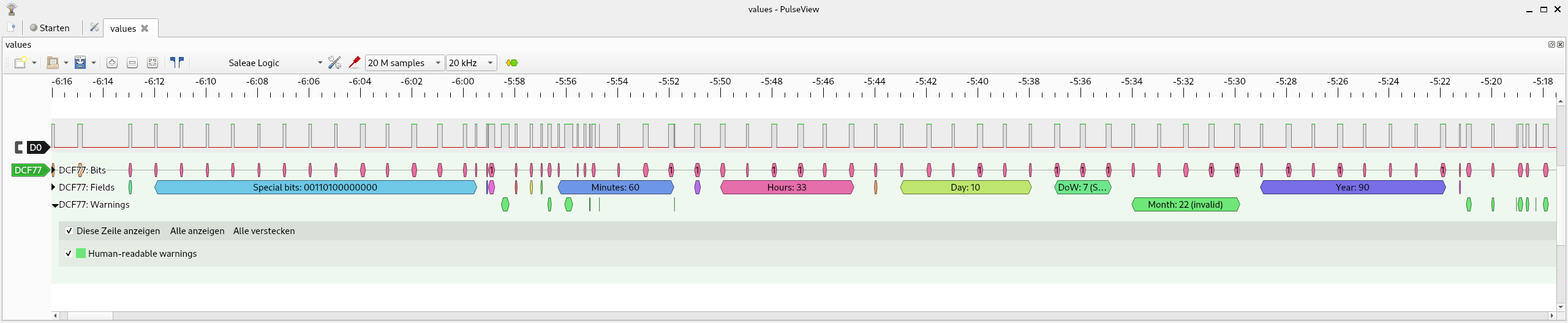 screenshot of a pulseview window: one line 'D0' channel with pulses at least every second. Most of the pulses 100ms or 200ms, but at some times shorter pulses. Protocol DCF77 decoding is one line below the pulses showing read '0' and '1' values and their interpretion as 'Special bits', '60 minutes', '33 hours', '10 days', 'month 22 (invalid)' *eg* and 'year 90'. It's obvious that the protocol decoder got confused by the extra pulses created by interference.
